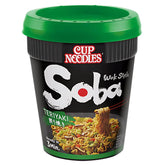 Nissin - Soba Instant Cup Noodles Teriyaki Flavour (90g) come in a sleek container and feature delicious Japanese noodles with vegetables on the label.